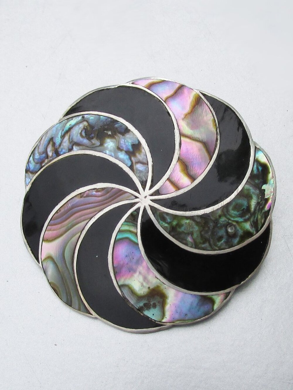 Vtg Taxco AR Sterling Silver Abalone Onyx  Pinwheel Pendant Brooch Eagle 1 Mark